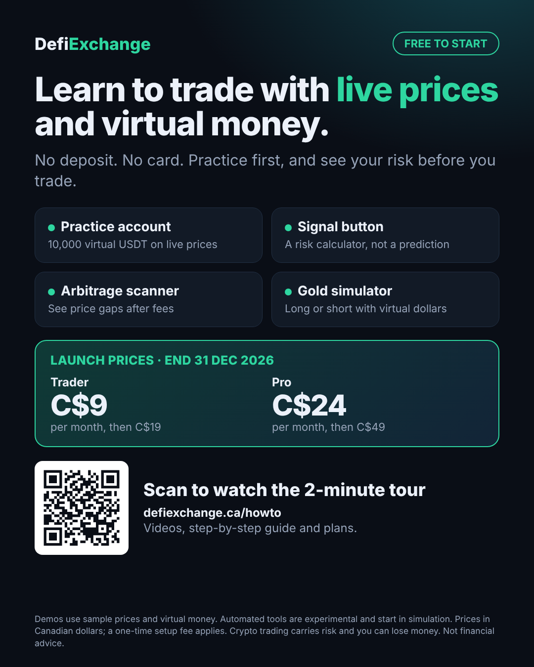 DefiExchange flyer: learn to trade with live prices and virtual money